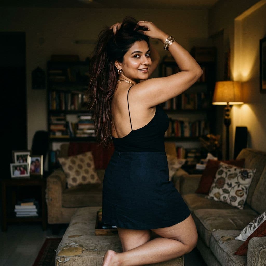 AI generated: A stunning chubby Indian woman in a playful confident mood with subtle arousal turned back with hand...