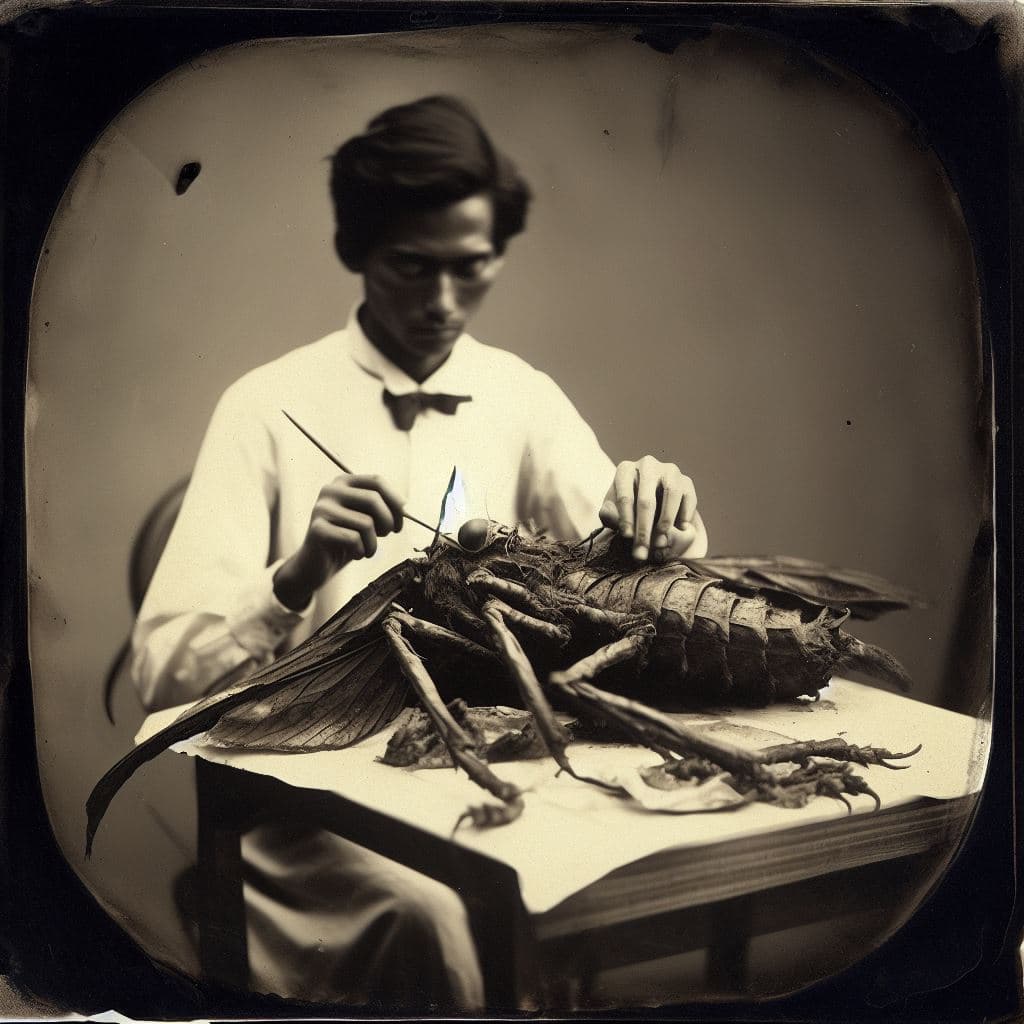 AI generated: tintype, far away view, picture of a dead West Virginia Mothman, being dissected by a scientist with...