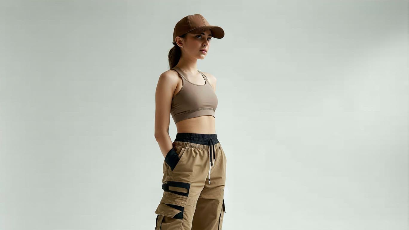 AI generated: A stylish athletic fashion photograph: A person photographed from mid-thigh up, wearing a brown base...