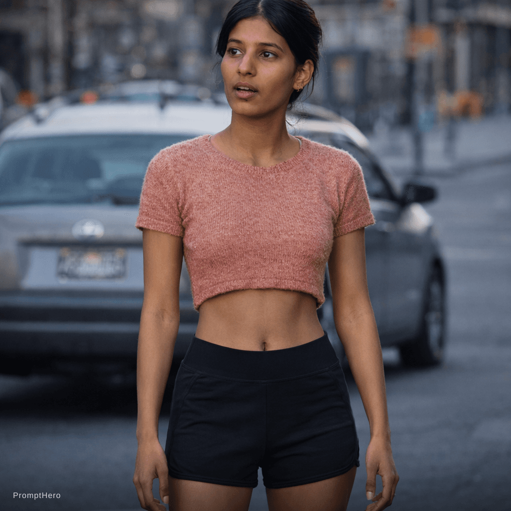 AI generated: make her in crop top and black shorts full image 