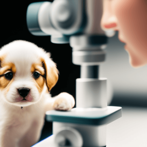 AI generated: Tiny puppy being observed under a microscope, side view