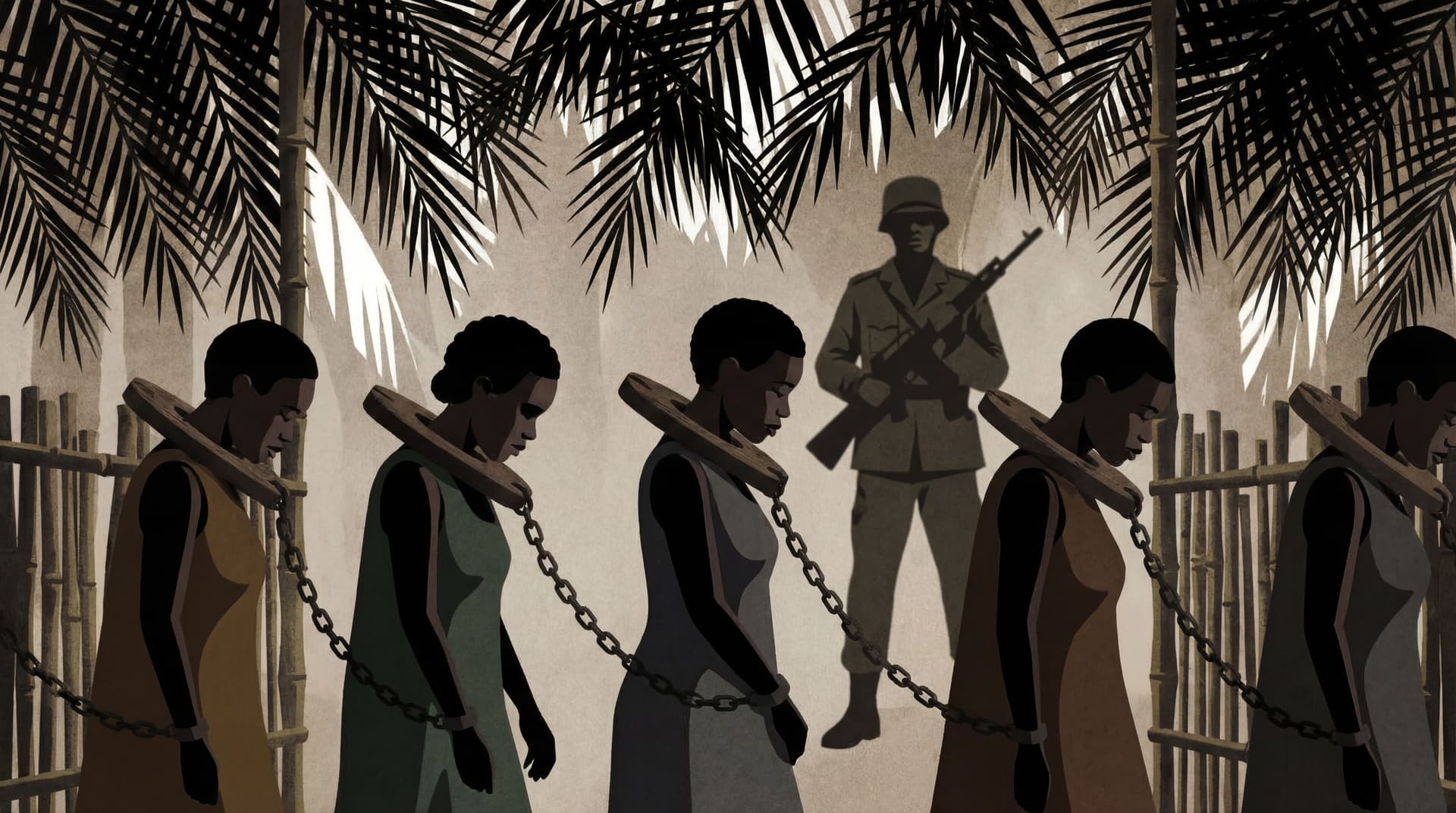 AI generated: Create in Malika Favre Art style: African Congolese Women were often kept in neck yokes—heavy wooden...