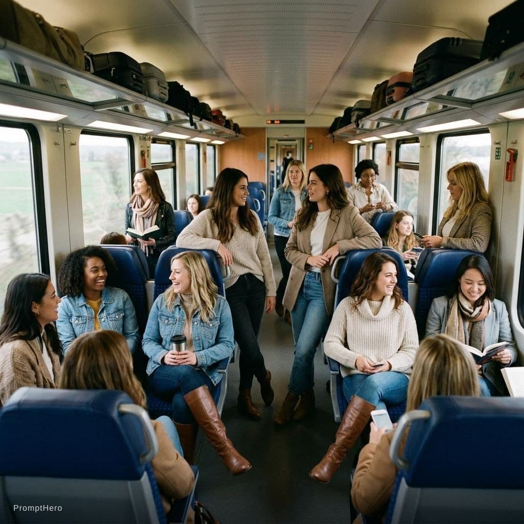 AI generated: 14 sexy women on a train
