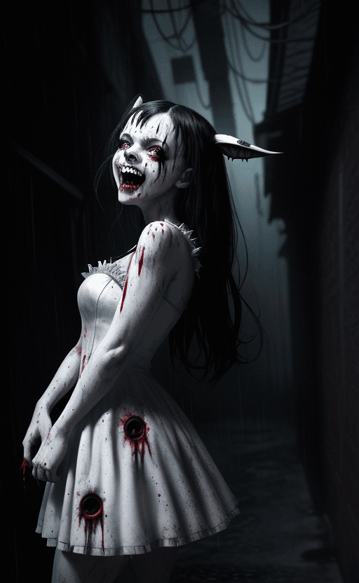 AI generated: (a sadistic girl), (wearing a blood-soaked white dress), (dark alley), (night), (raining), horror, (...