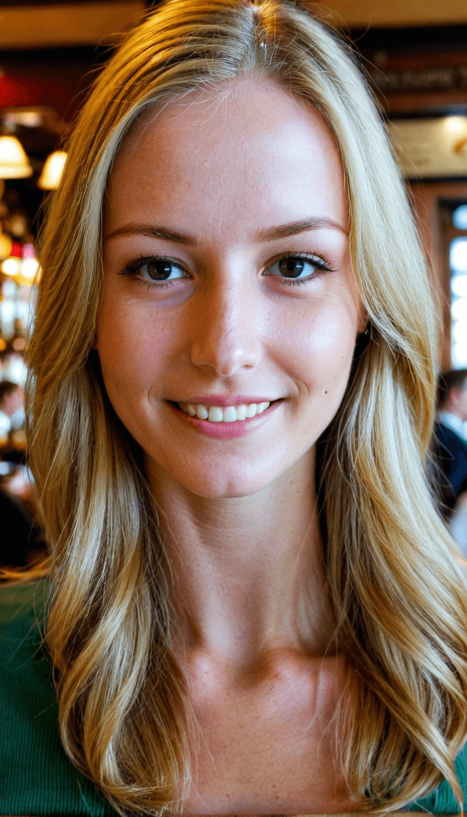 AI generated: iphone photo woman, smiling, long straight blonde hair, thin nose, high cheek bones, (freckles:0.6),...