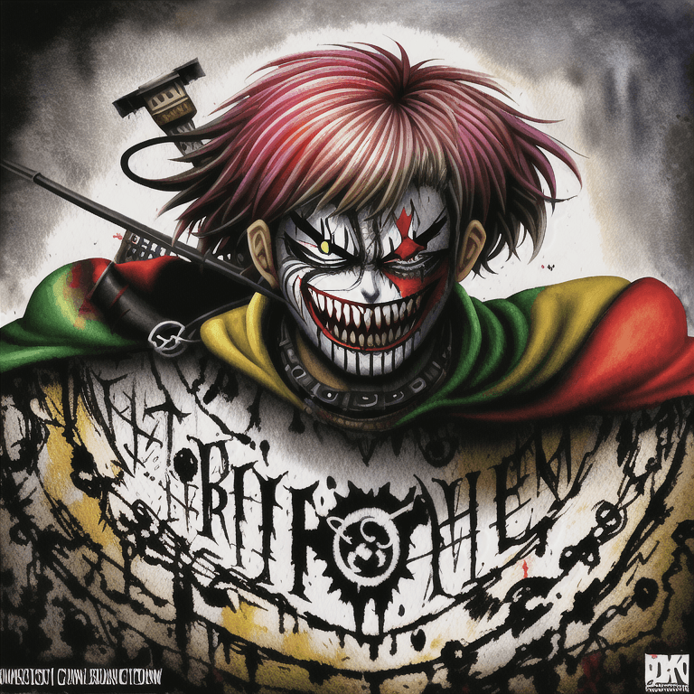 AI generated: Bansky art style, scary clown, dark soul, evil laughter, splash of paint, digital illustration, comi...