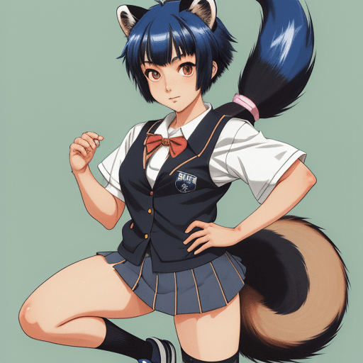 AI generated: Tanuki girl, Michiru Kagemori, animal ears, pixie cut blue hair, brown furry skin, bushy tail, black...