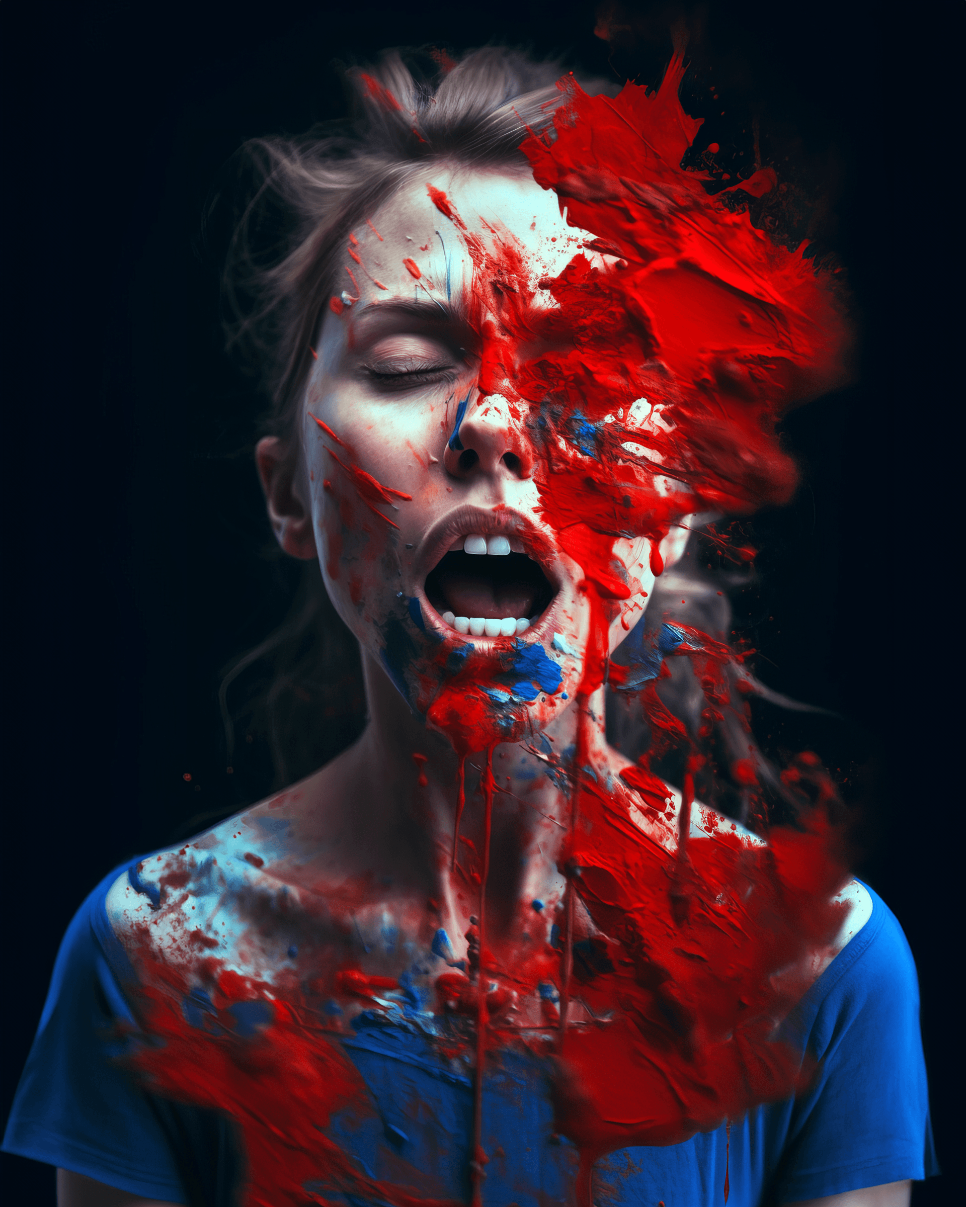 AI generated: that is her mouth, in the style of vibrant, high-energy imagery, white and red, messy, amanda sage, ...