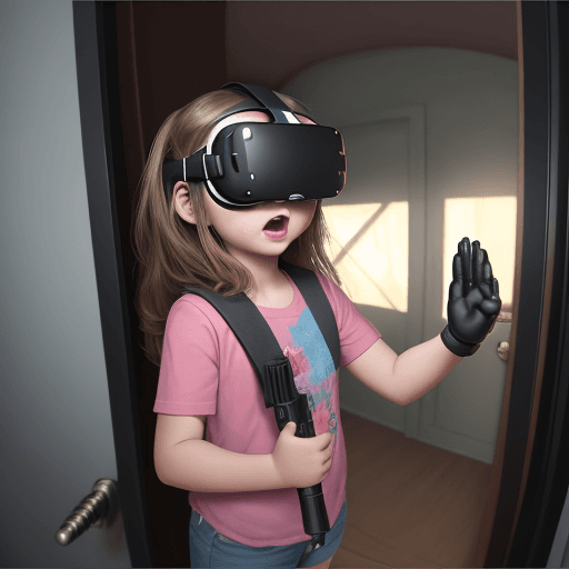 AI generated: Child in virtual reality greeted at the door being shot with buckshot. Gun barrel point at girls fac...