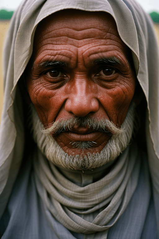 AI generated: Portrait photo of a 60 year old moslem farmer, close-up, face, dimly lighting, 35mm film photography...