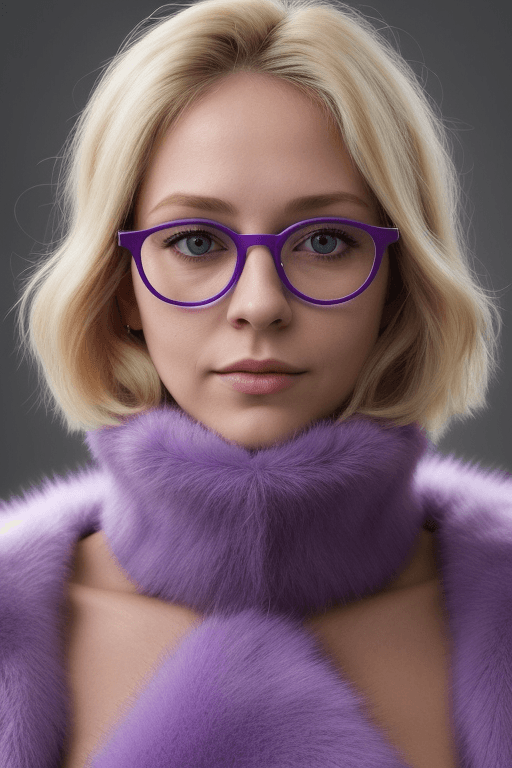AI generated: (medium shot:1.3) photography, woman wearing purple eyeglasses, fur sweater, blond hair, short hair,...