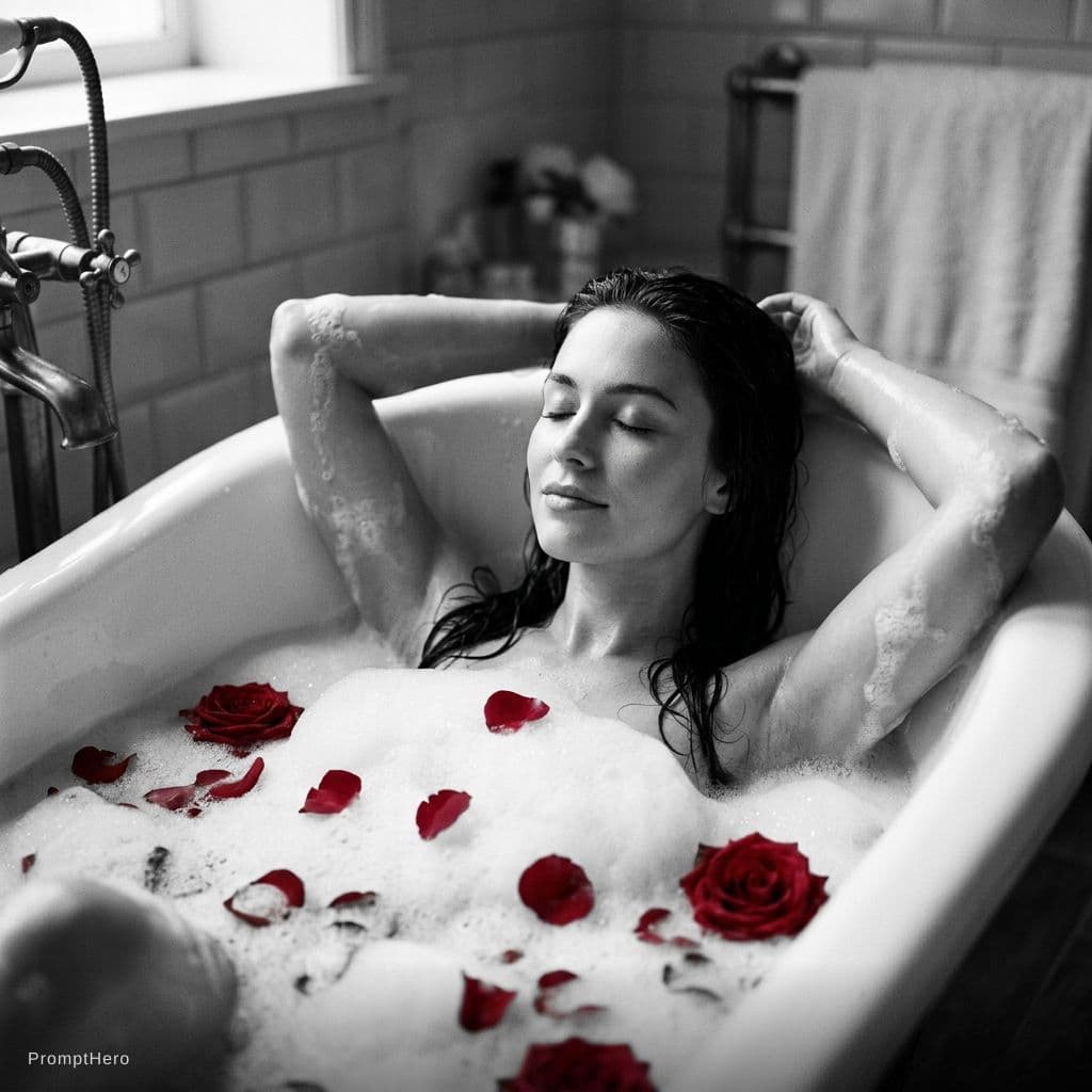 AI generated: A sensual, black and white photograph of a woman reclining in a luxurious bathtub filled with rich, ...