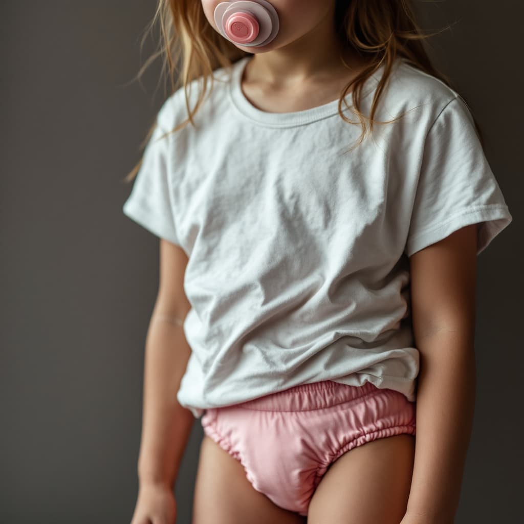 AI generated: A teenage girl in a t-shirt and pink diaper. She has a pacifier in her mouth. 