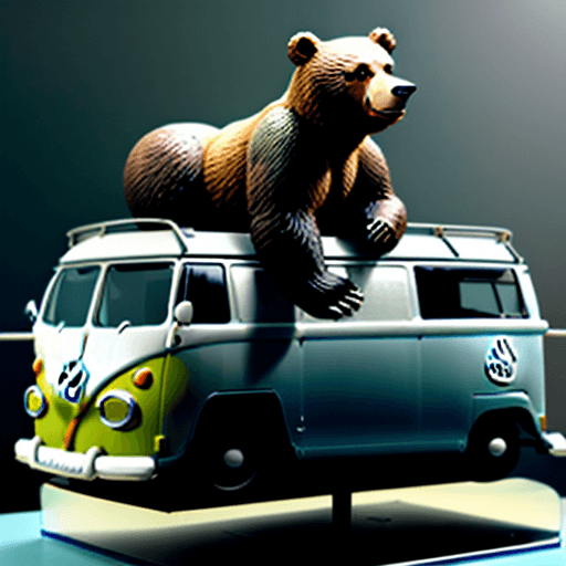 AI generated: a bear sitting on top of a plastic model of an old volkswagen bulli