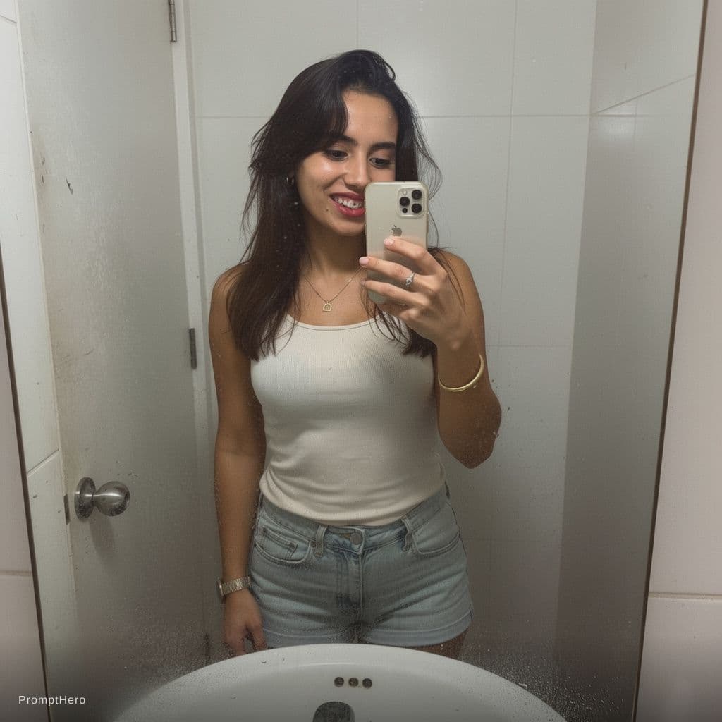 AI generated: Casual mirror selfie in a bathroom, smartphone photo quality. Slim brunette adult with a playful exp...