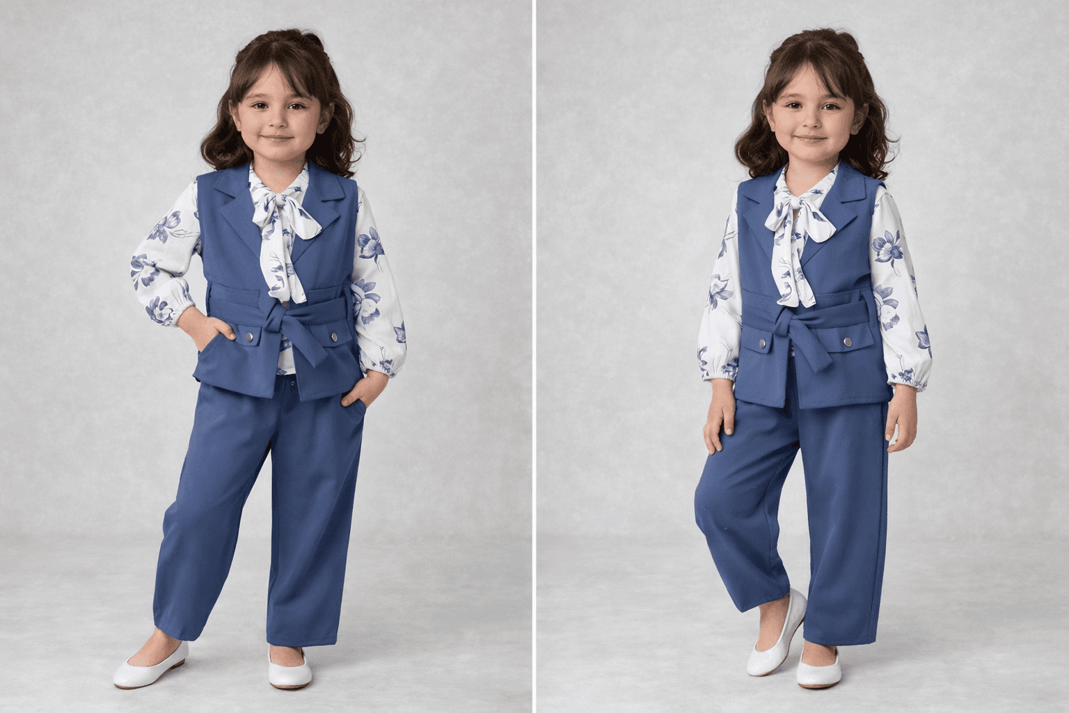 AI generated: Complete image of a girl wearing this clothes with 2 differente positions