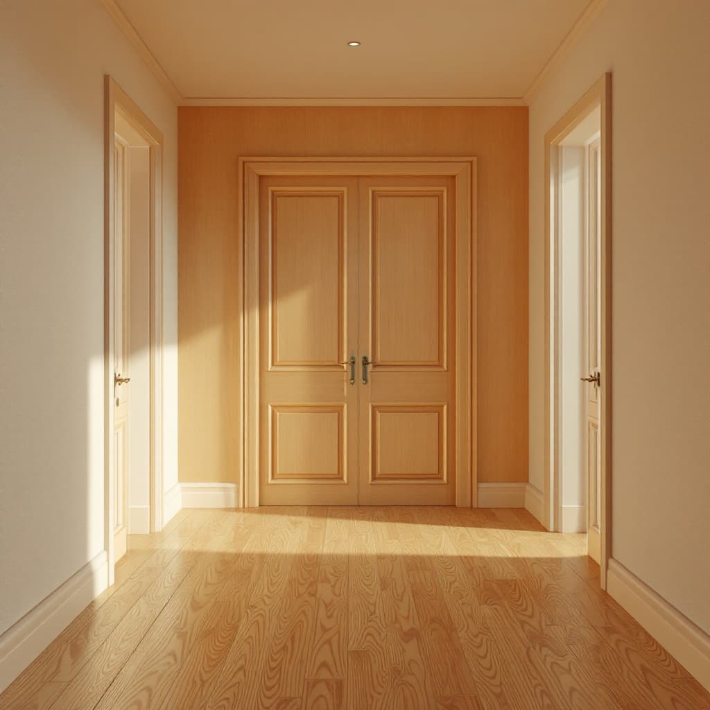 AI generated: The image shows a small interior space with a warm-toned laminate floor and visible grain. On either...