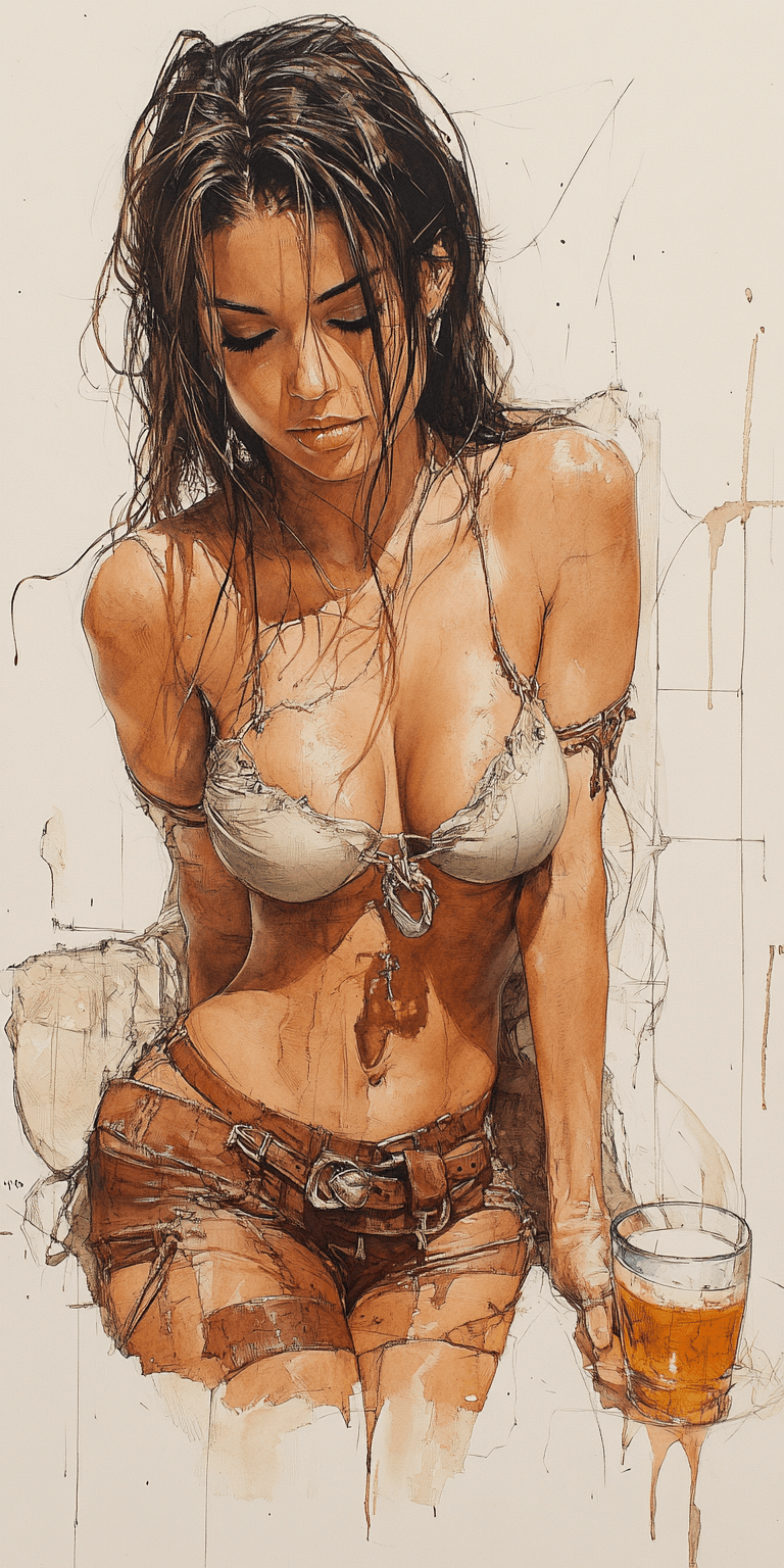AI generated: A drawing of an attractive woman in the style of Frazetta, ink on paper, minimalistic, white backgro...