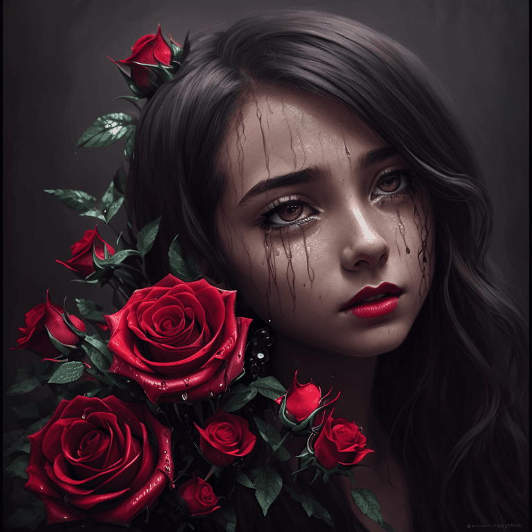 AI generated: a 17 yo girl's face, crying, black veins, dripping oil, (predatory plants:1.1), (dead roses:1.1) aro...