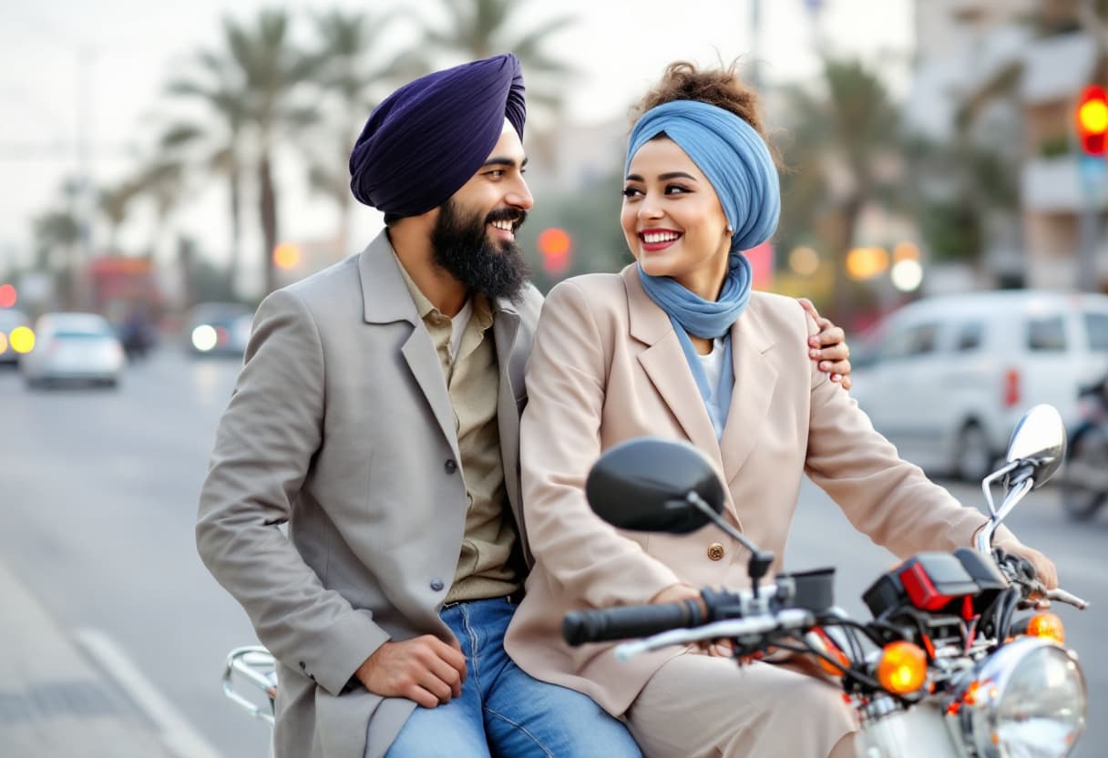 AI generated: a punjabi couple boy wearing turban an jean girl wearing punjabi suite they are happy sitting on a b...