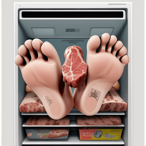 AI generated: a poster, cartoon, T-bone meat which feet and eyes, seating in the refrigerator, holding a magazine,...