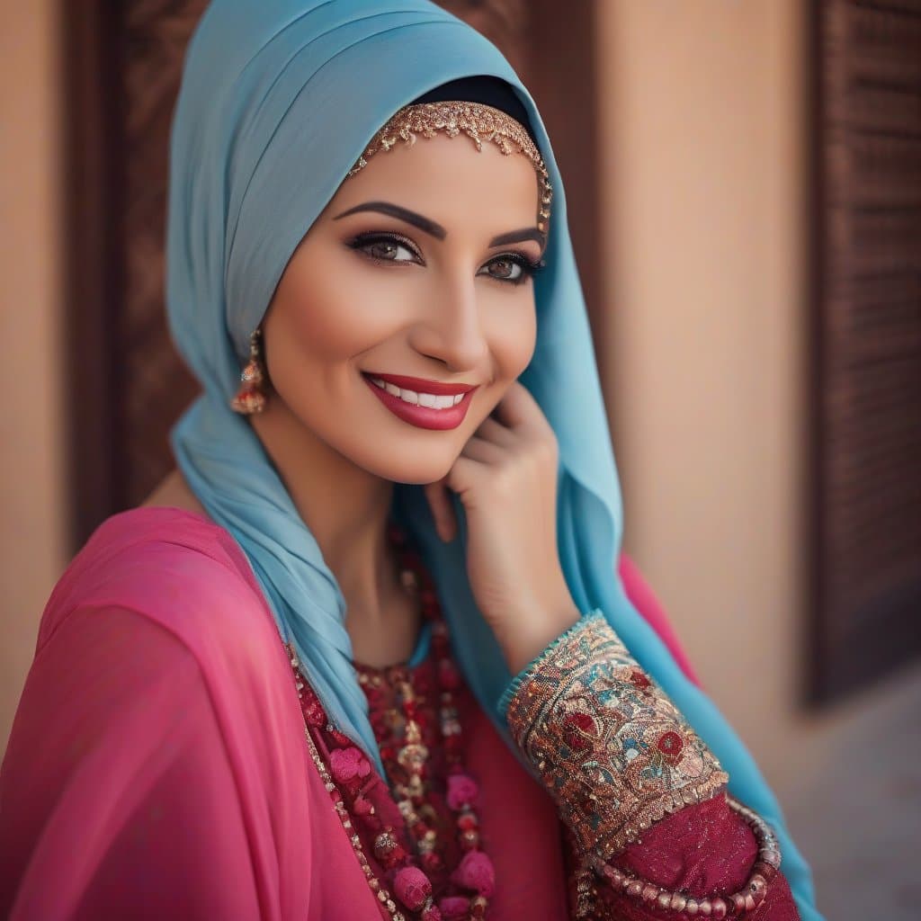 AI generated: classic, real, portrait, beautiful Moroccan woman, half body. magenta Muslim fashion, light blue hij...