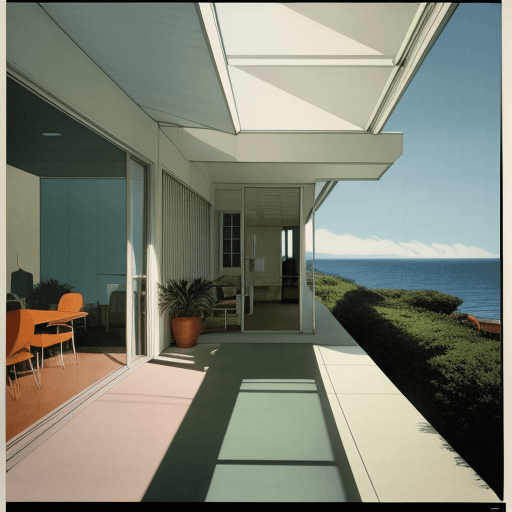 AI generated: Hyper realistic eye level exterior photo of a mid century modern style house overlooking the ocean, ...