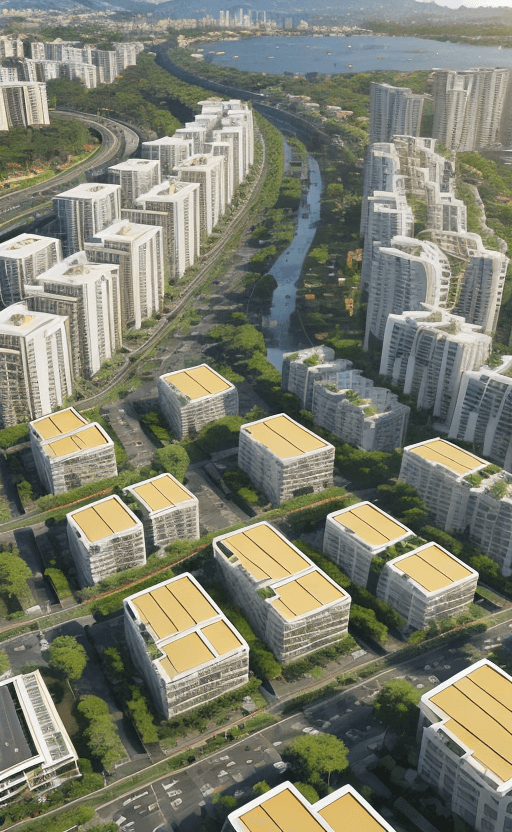 AI generated: a magnificent modern ecotourism village with many different and singular residential buildings desig...