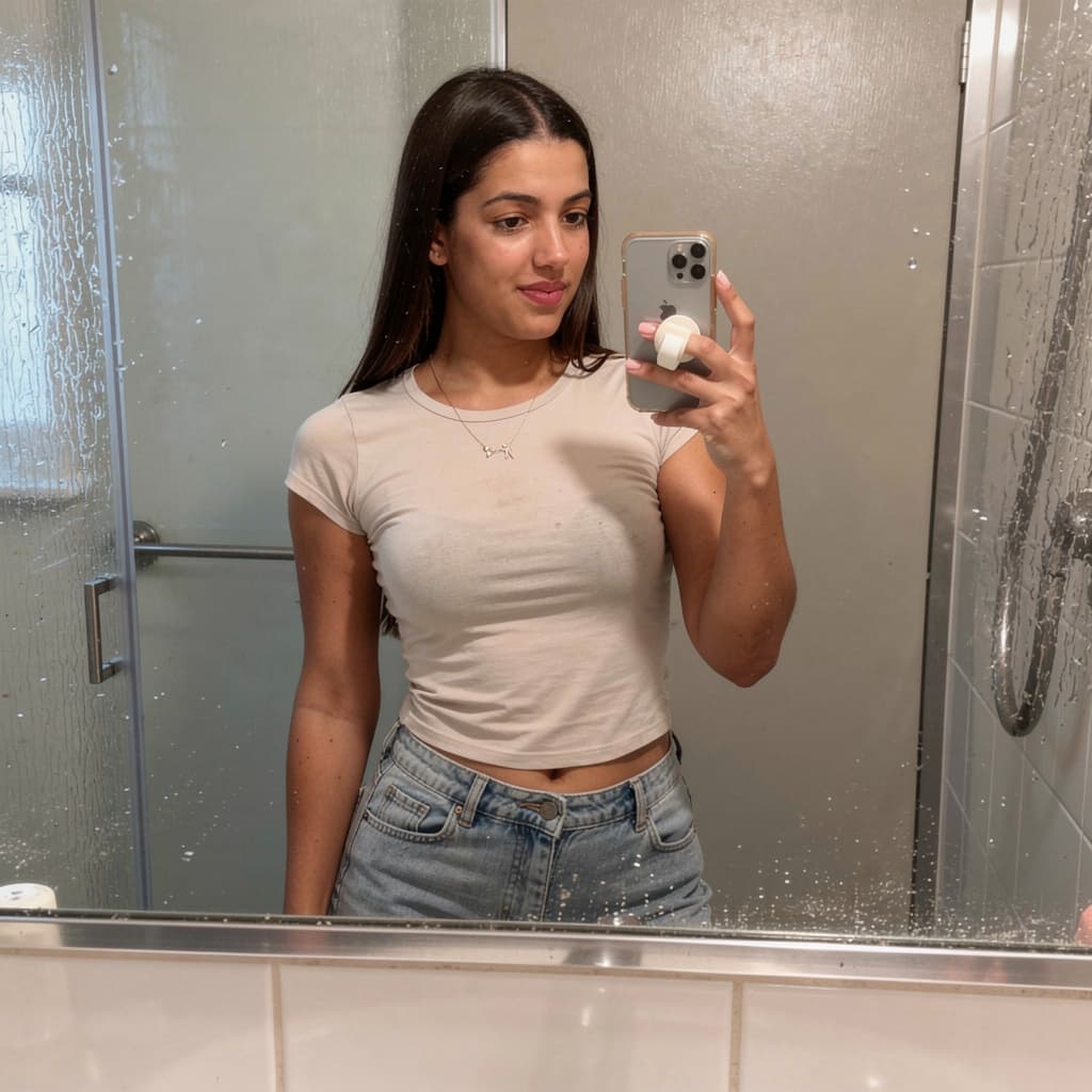 AI generated: Casual mirror selfie in a bathroom, smartphone photo quality. Slim brunette adult with a playful exp...