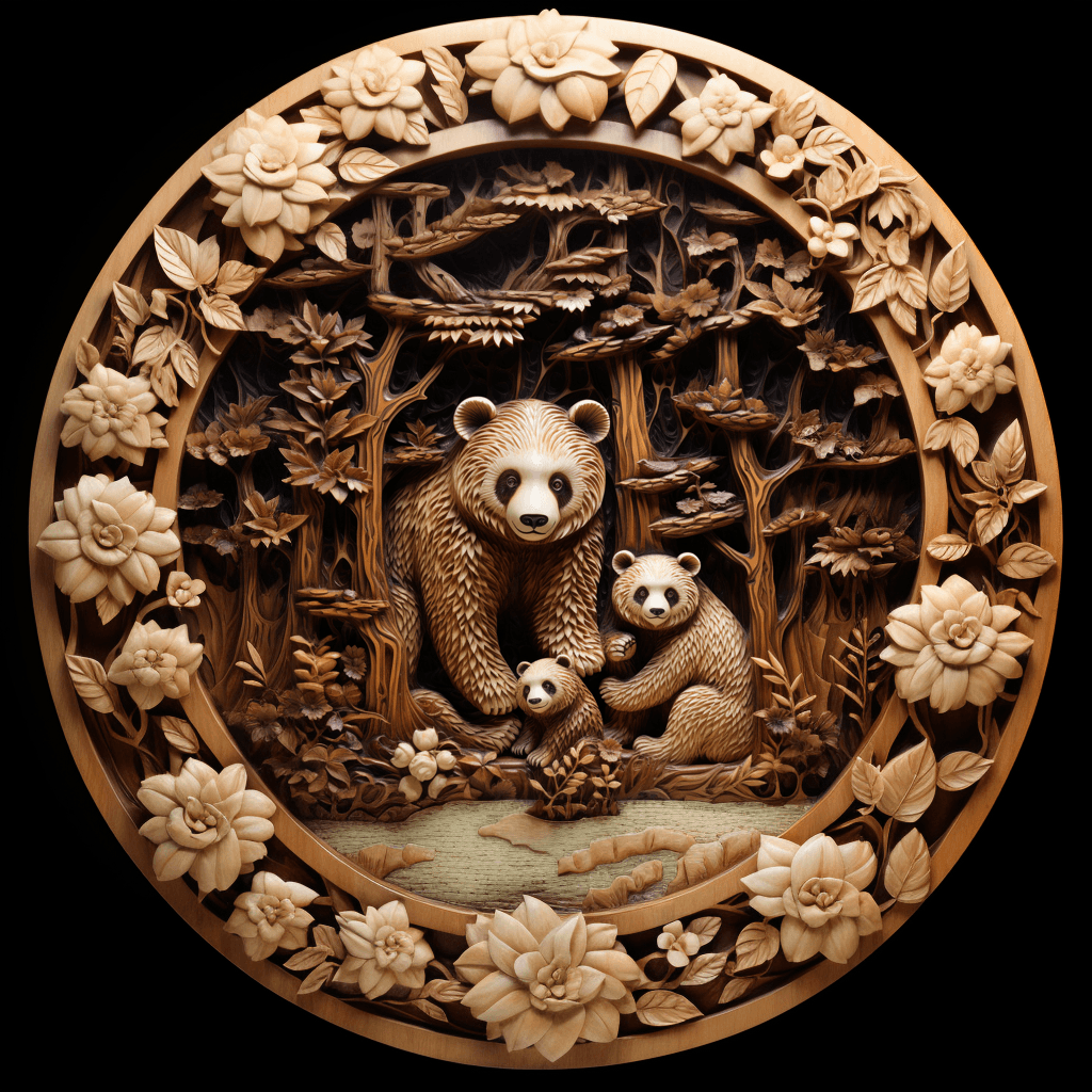 AI generated: Pandas, Wood carving relief sculpture, wildlife carving, Wood grain texture, vivid and intricate, My...