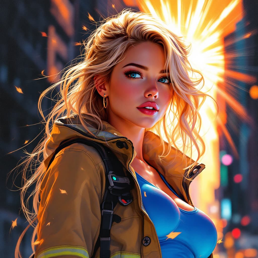 AI generated: 1 girl, [Sandra Bullock|Sophia Thomalla] as Rosalina as a firefighter with blonde hair standing in N...