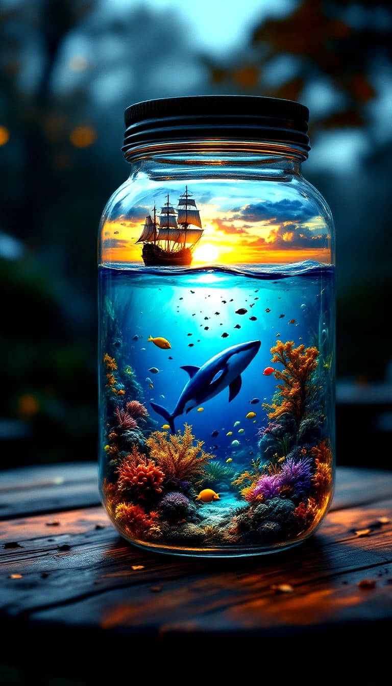 AI generated: A realistic, captivating scene inside a glowing, glass jar. The top half of the jar presents a sunse...