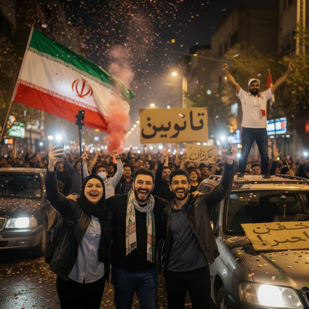 AI generated: Young iranian are happy becuase they defeat jomhori eslami
