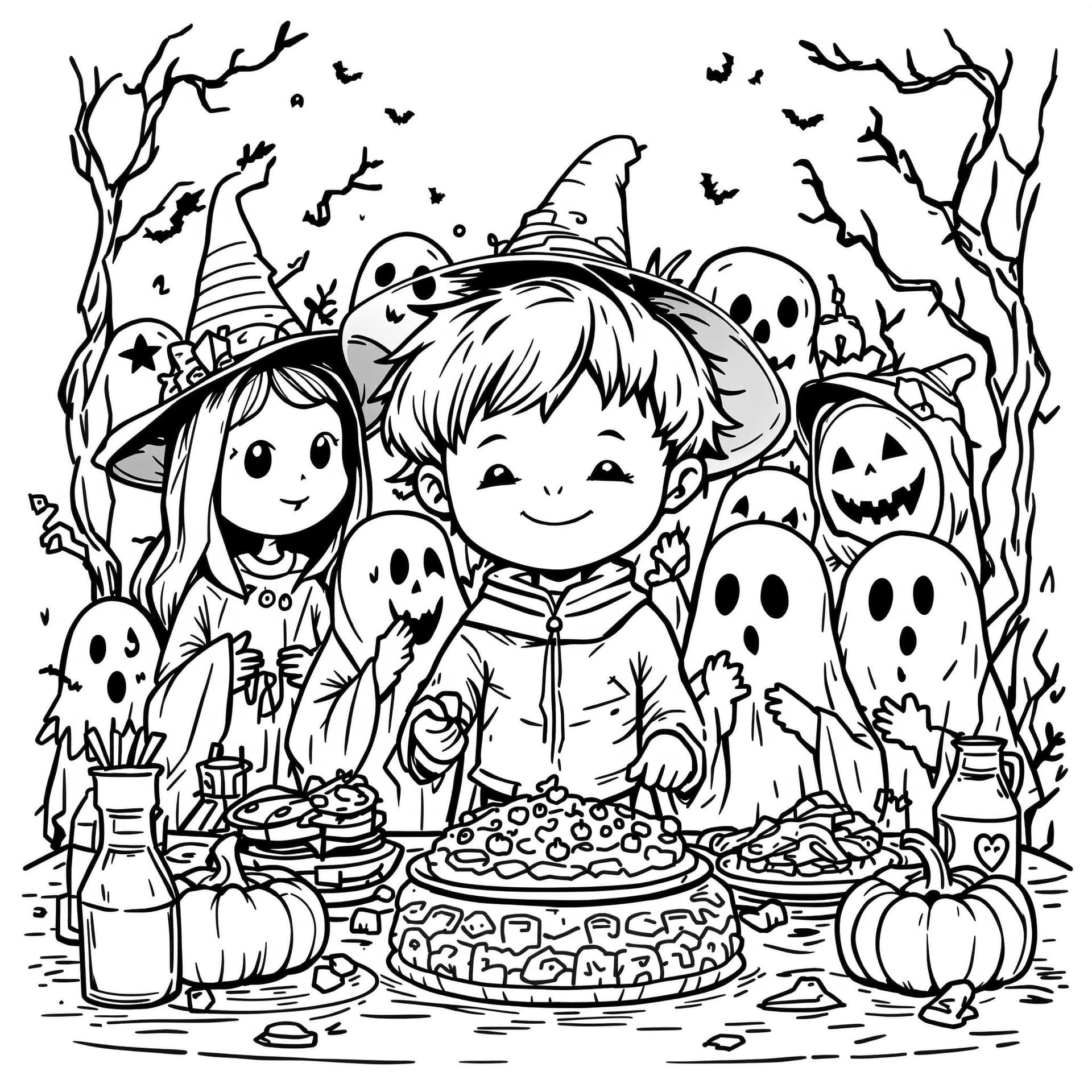 AI generated: A cute child with many friends has a Halloween party, wearing ghost costumes, Halloween costumes, an...
