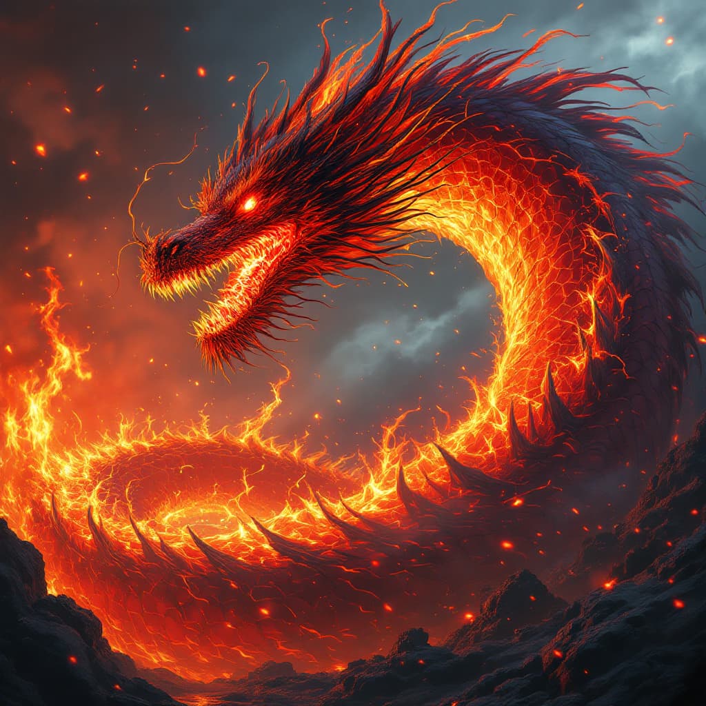 AI generated: Giant fire dragon with red eyes