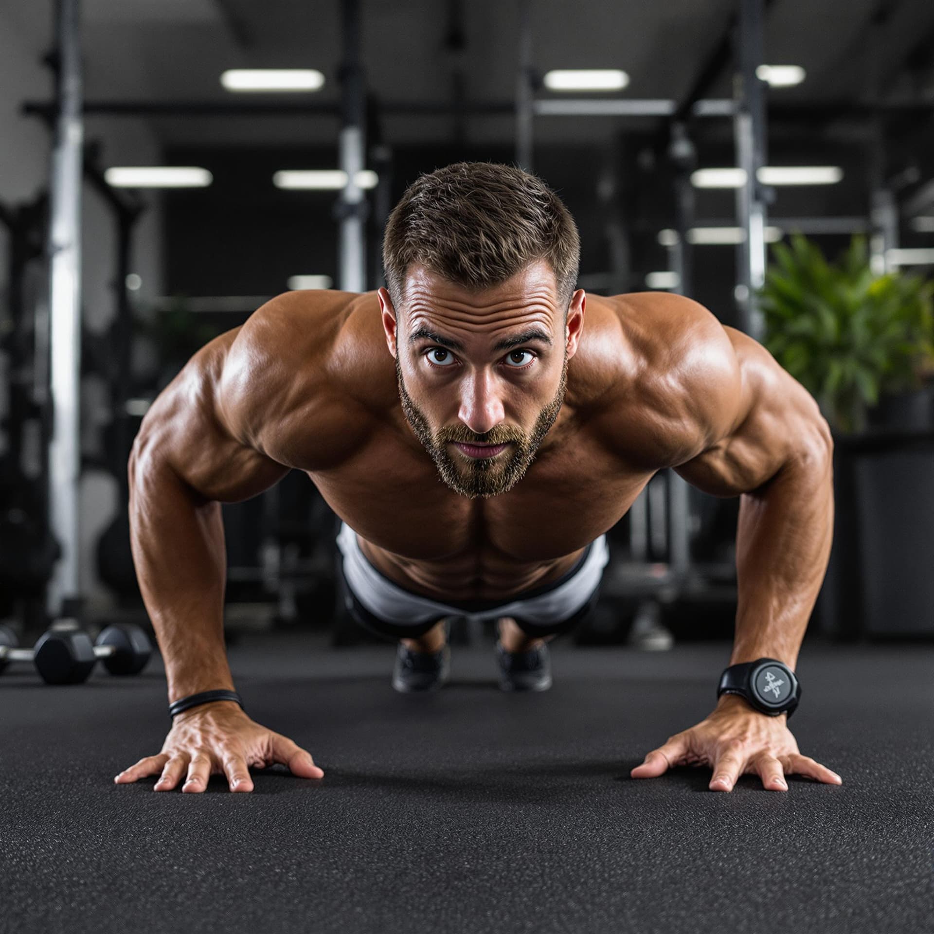 AI generated: man doing push up exercise with dumbbell looking at camera