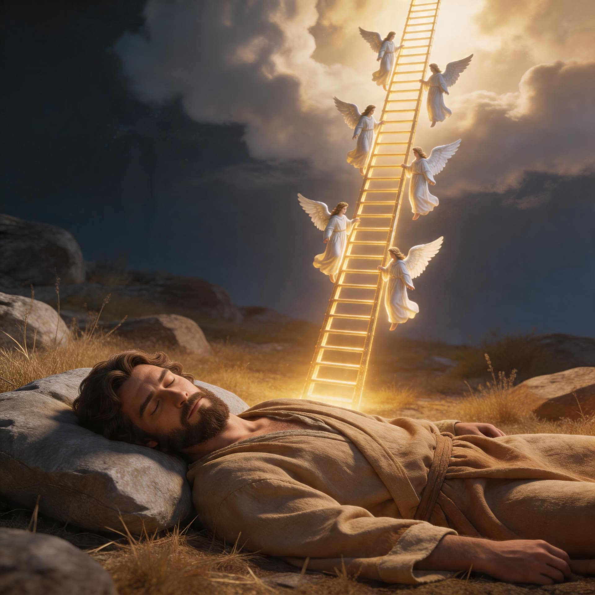 AI generated: Jacob asleep in the wilderness with a stone for a pillow, glowing ladder reaching into heaven, angel...