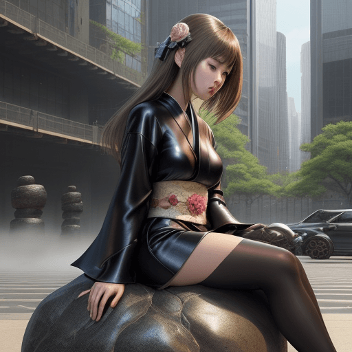 AI generated: a beautiful dark blonde haired melancholic Nippon girl in Leather/Silk Kimono dress sitting on Concr...