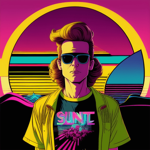 AI generated: 80s retro t-shirt design graphic of a synth wave banana wearing sunglasses in front of a minimalist ...