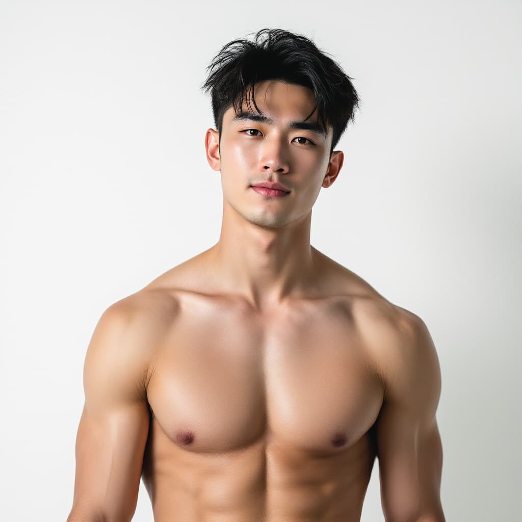 AI generated: photo，3.5mm，handsome chinese boy,24years old，weater,white background,muscle，college boy，