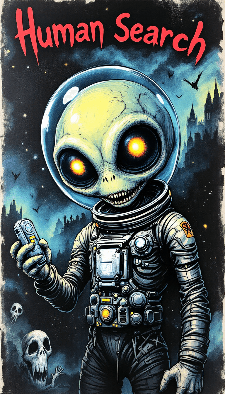 AI generated: A creepy street art poster featuring a graffiti of a space alien in an astronaut suit. The alien has...