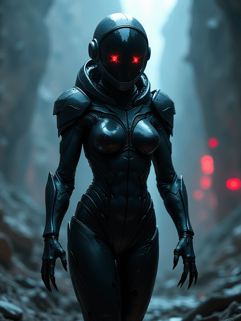 AI generated: An eternal, malevolent female astronaut clad in a sleek, dark spacesuit with sharp, angular armor pl...