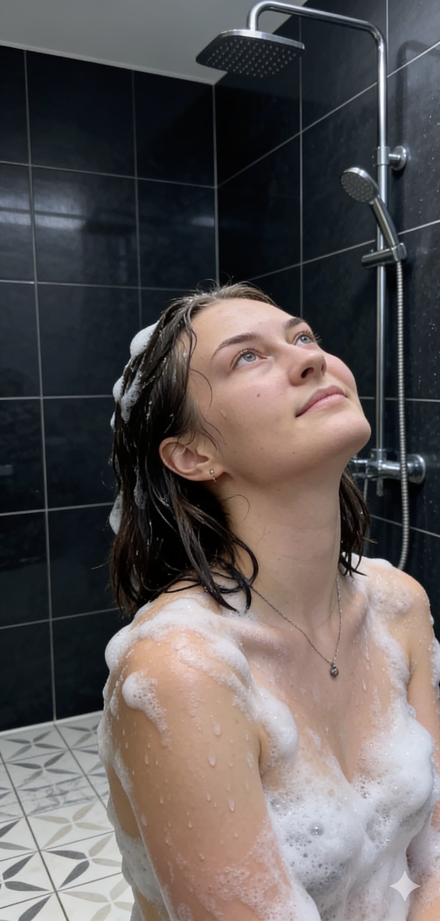 AI generated: The image shows an adult woman in a tiled shower area. She is wet and covered with soap suds across ...