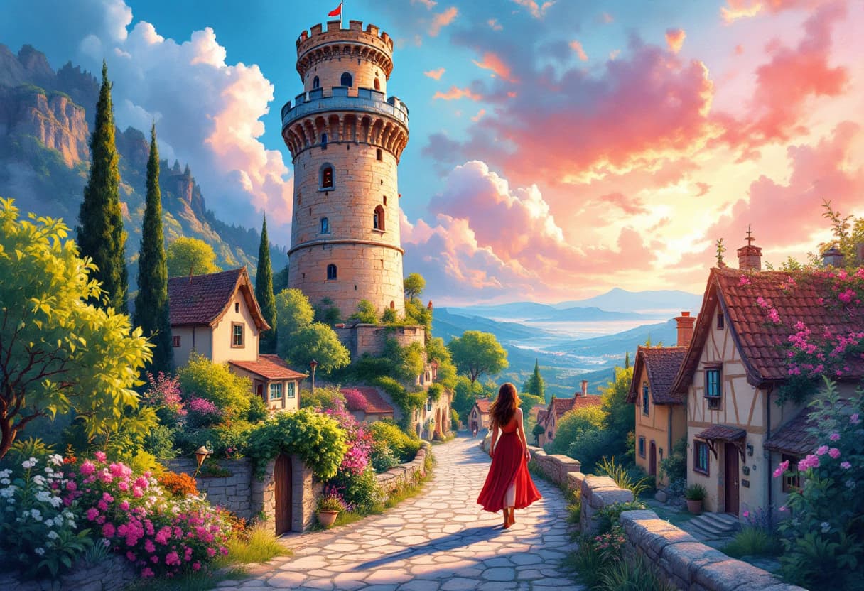 AI generated: Uma vila encantadora e mágica em estilo de pintura aquarela, com uma torre medieval de pedra coberta...