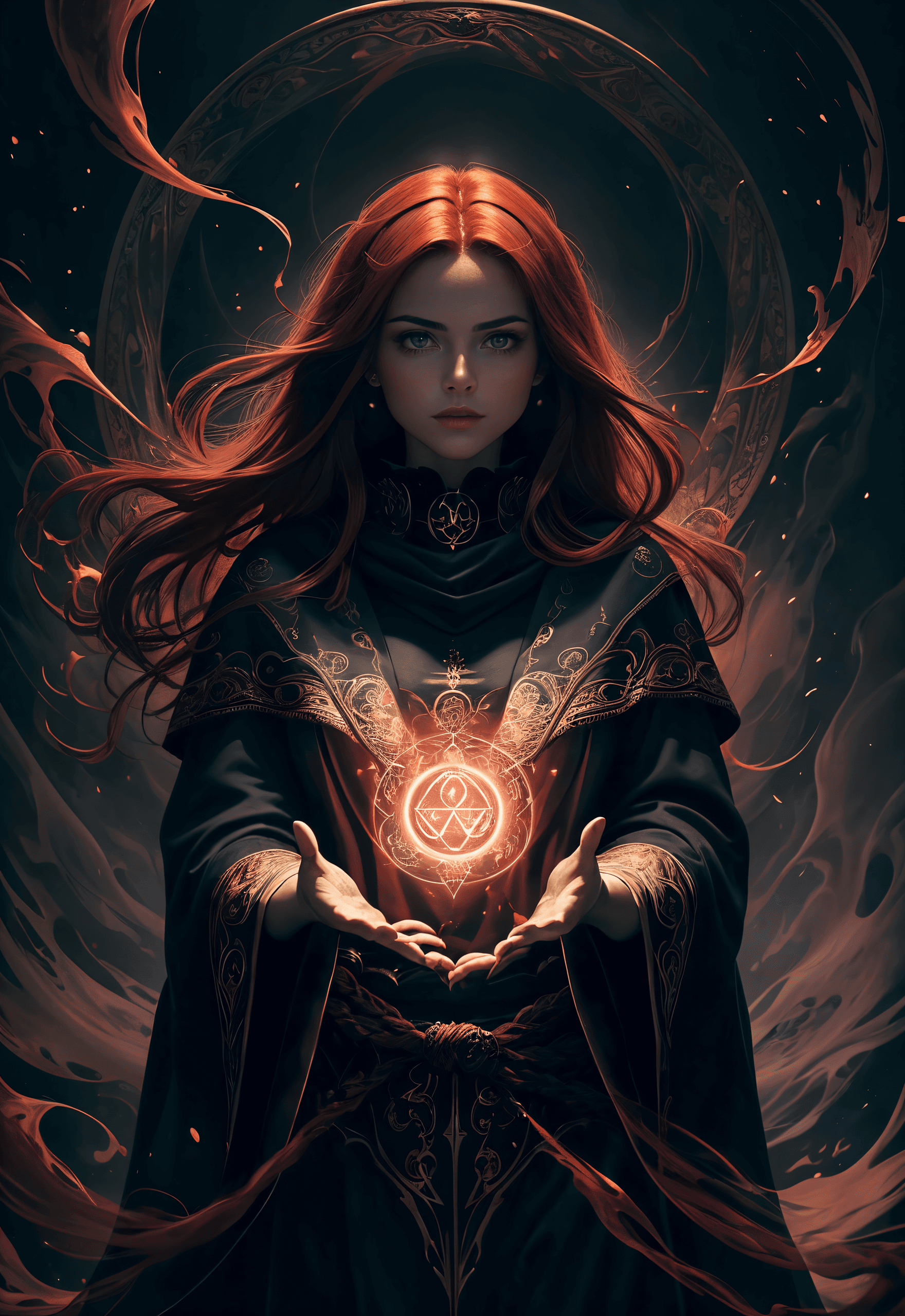 AI generated: A female warlock with long auburn hair wearing a black cowl and ornate robes of red and black, Casti...