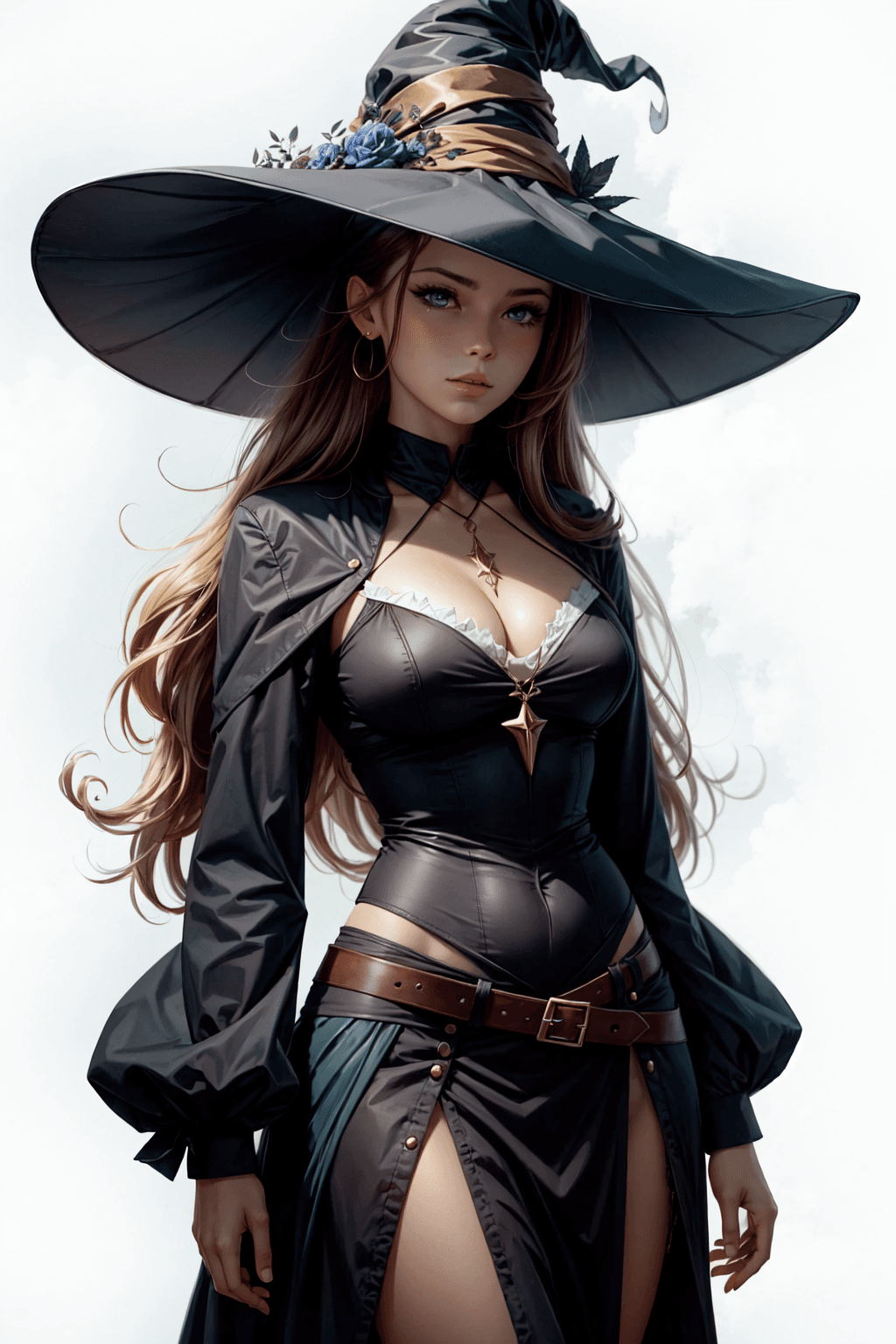 AI generated: rugged girl witch wearing a magic school uniform, large wide-brimmed witch hat, cinematic, elaborate...