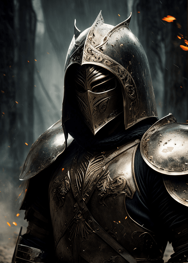 AI generated: mj, close up of a brutal badass [spartan | knight | warrior ] wearing armor, (masked face:1.1), prou...