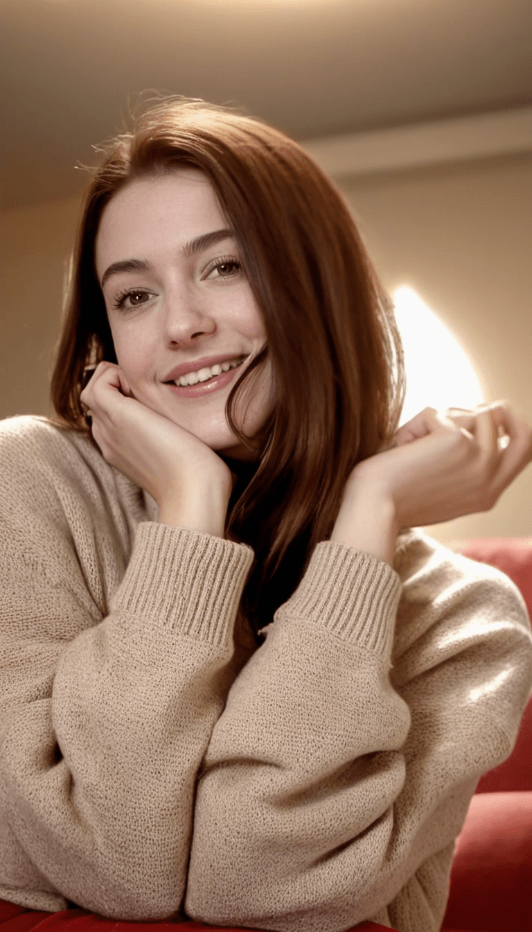 AI generated: Medium close-up, photograph of, a very happy young woman wearing a sweater and sitting on a couch in...