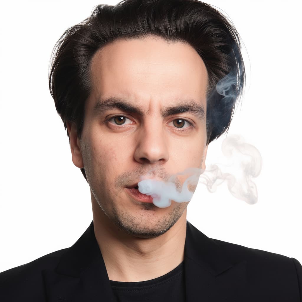 AI generated: close-up portrait of a young man with fair skin, thick dark hair swept back, subtle stubble, wearing...