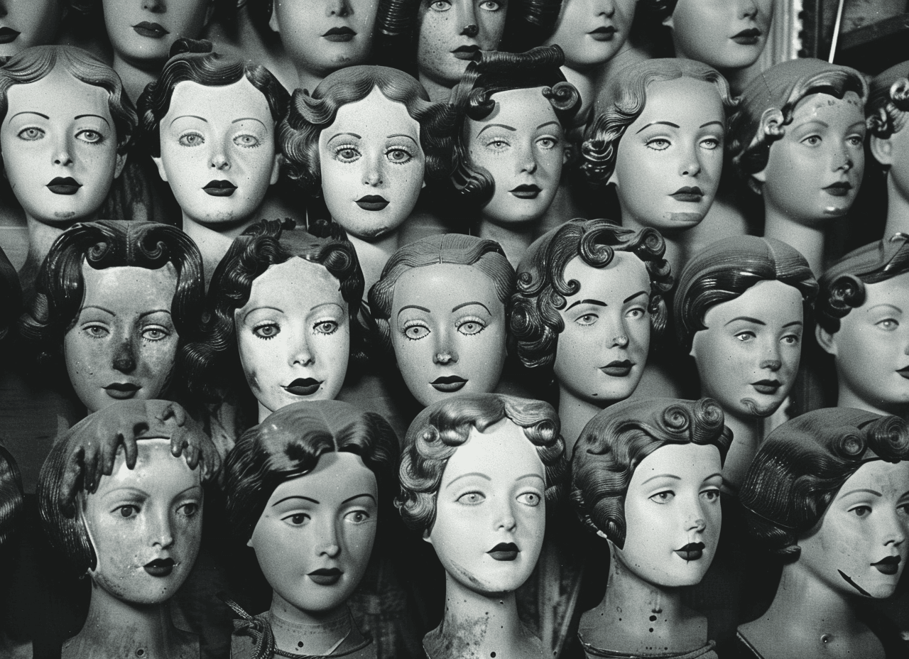 AI generated: A vintage black and white photograph of an array of mannequin heads in the style of Art Deco, all of...
